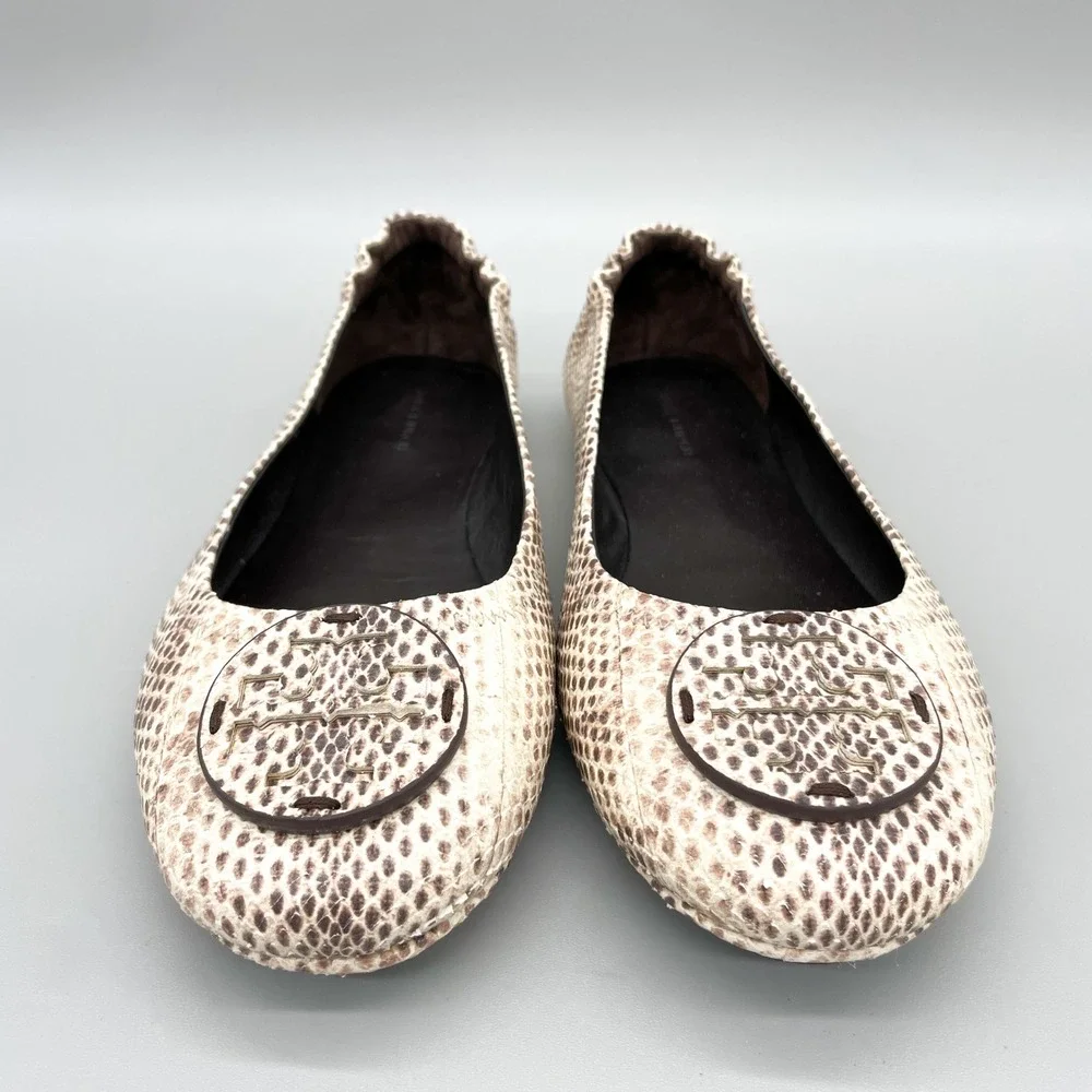 Tory Burch Minnie Travel Ballet Flats Womens 9M Snake Print Leather Brown Cream